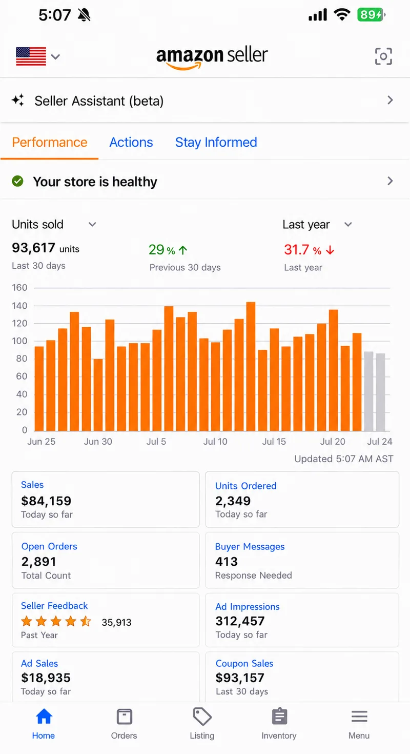 Amazon seller app dashboard M05 — identity redacted
